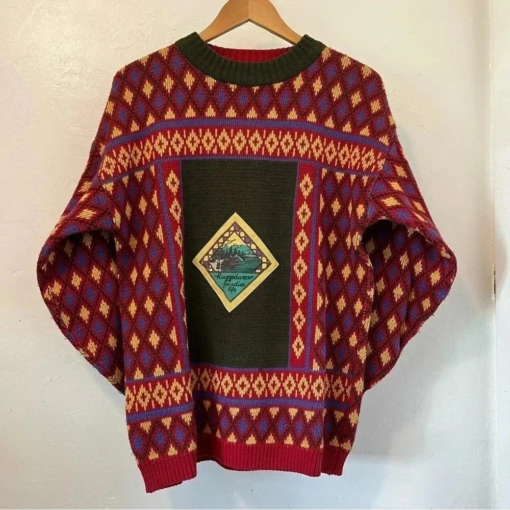 VTG 90s Non-Stop Multicolor Geometric Grandpa‎ Core Knit Pullover Sweater Sz L